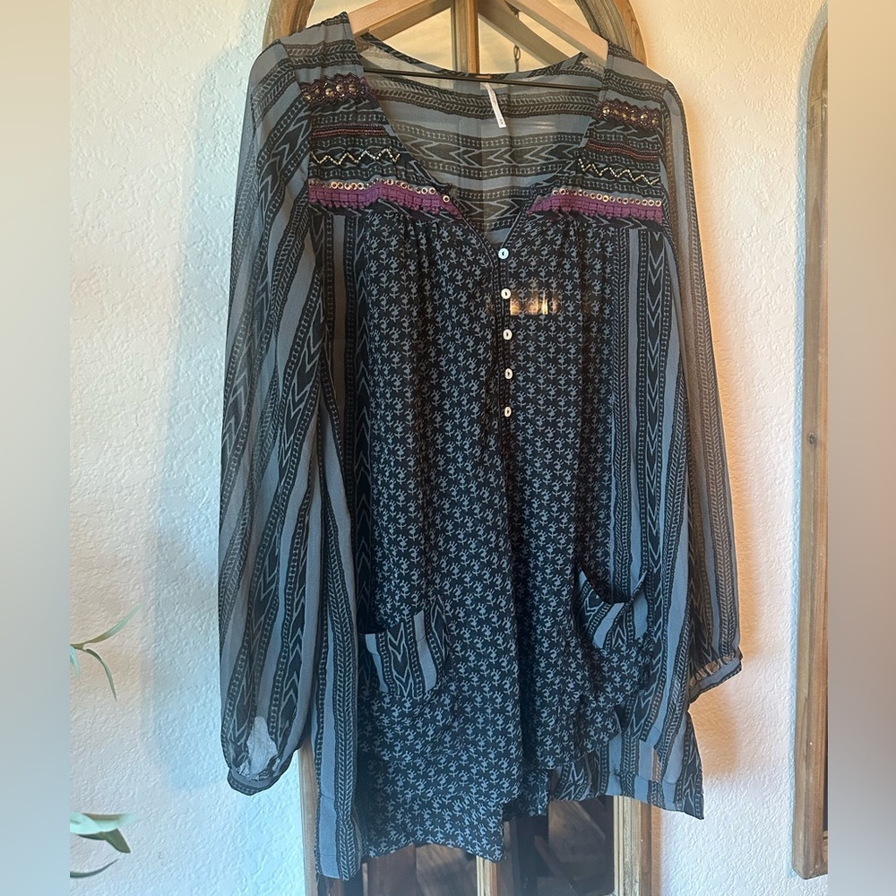 Free People Boho Tunic Top Medium Sheer Long Sleeve Print Blouse - Picture 2 of 10
